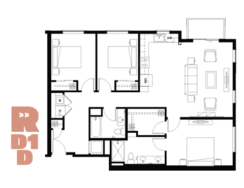 Floor plan for 3 beds, 2 baths, 1321 sqft